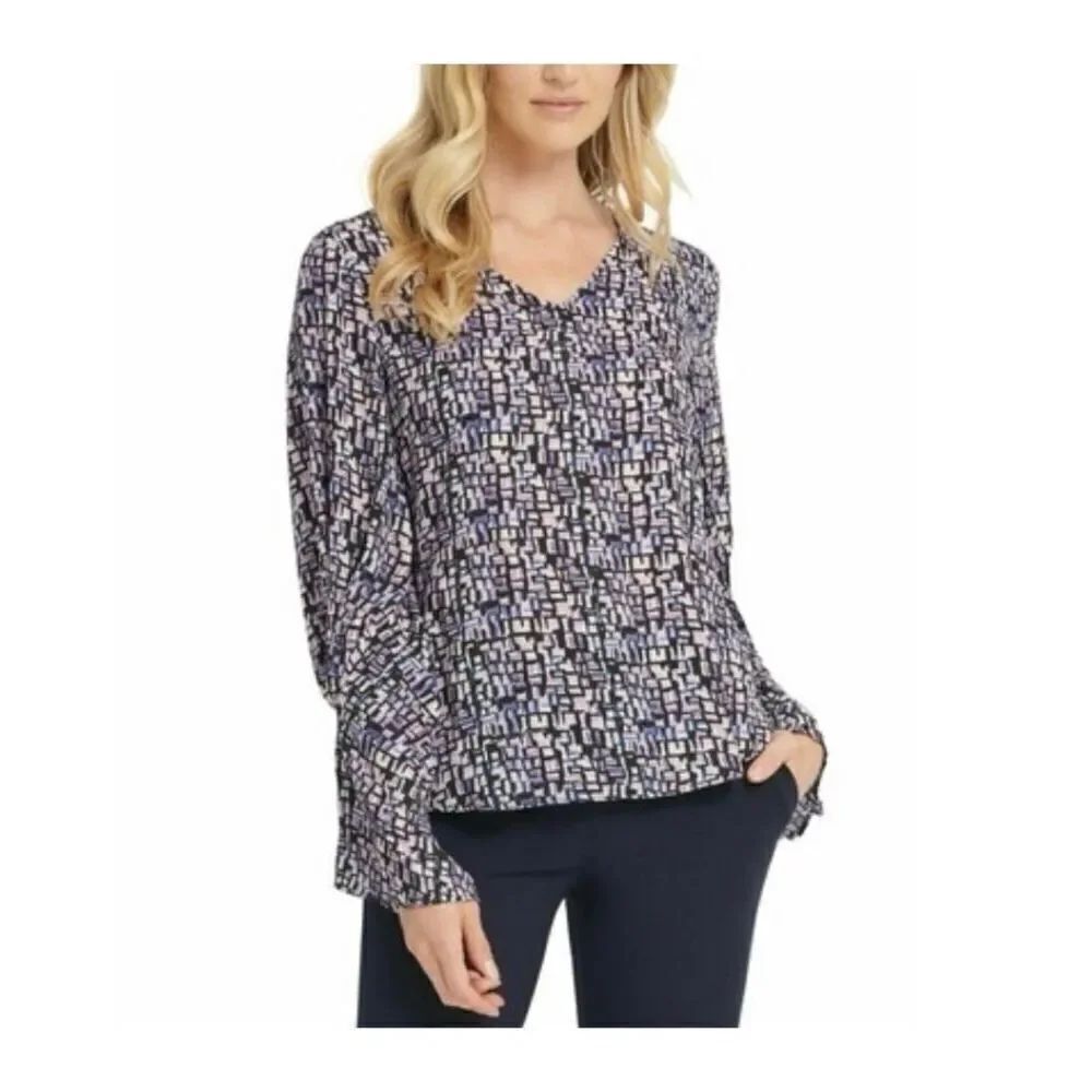 Womens DKNY Donna Karan New York Printed Pleated-Sleeve Blouse - Sz XL